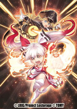 2girls black_hat black_jacket boots character_request copyright_notice dress fire gradient_hair hat ishibashi_yosuke jacket long_hair looking_at_viewer military_hat military_jacket military_uniform multicolored_hair multiple_girls official_art open_mouth red_hair tama_(wixoss) twintails white_boots white_dress white_hair wixoss yellow_eyes