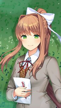 1girl blush brown_hair brown_sweater_vest closed_mouth collared_shirt doki_doki_literature_club doki_doki_literature_club_school_uniform eyelashes green_background green_eyes grey_jacket hair_intakes hair_ribbon heart highres holding holding_paper holding_pen jacket long_hair monika_(doki_doki_literature_club) musical_note neck_ribbon official_art official_wallpaper paper pen ponytail red_ribbon ribbon school_uniform second-party_source shirt sidelocks smile solo sweater_vest treble_clef upper_body variant_set white_ribbon white_shirt