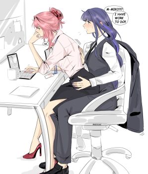 2girls artist_name black_jacket black_pants black_shoes black_skirt black_vest chair claw_hair_clip collared_shirt commentary computer cup desk english_commentary english_text genshin_impact hair_ornament hairclip high_heels highres jacket laptop long_hair mug multiple_girls office_chair on_chair pants pink_hair purple_hair raiden_shogun red_shoes seijousai shirt shoes sitting sitting_on_lap sitting_on_person skirt swivel_chair unworn_jacket vest white_shirt yae_miko yuri