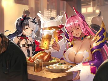 2girls alecky aqua_eyes artist_request blush breasts cleavage_cutout clothing_cutout dark_skin demon_girl food game_cg heart horns indoors lilith-soft lips long_hair looking_at_another multicolored_hair multiple_girls nail_polish official_art phantasma_(taimanin_rpgx) pink_hair revealing_clothes shiny_skin simple_background small_breasts taimanin_(series) taimanin_rpgx toasting_(gesture) two-tone_hair very_long_hair wings