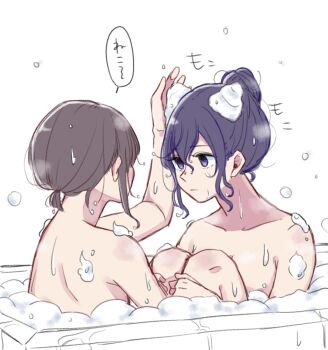 2girls :| asahina_mafuyu breasts closed_mouth commentary_request grey_hair hair_between_eyes hair_bun highres in_bathtub knees_up large_breasts long_bangs looking_at_another multiple_girls muu_(kymmu_10) nude ponytail project_sekai purple_eyes purple_hair same-sex_bathing shared_bathing shinonome_ena short_ponytail simple_background single_hair_bun soap_bubbles sound_effects speech_bubble translation_request wet white_background yuri