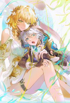 2girls absurdres aglaea_(honkai:_star_rail) animal_ears blonde_hair blue_eyes bow breasts cat_ears cat_girl choker cipher_(honkai:_star_rail) cleavage clothing_cutout dress fang fingerless_gloves floral_print gem gloves greco-roman_clothes green_eyes grey_hair hashtag-only_commentary highres holding holding_gem honkai:_star_rail honkai_(series) jewelry laurel_crown leaf leaning leotard light_smile long_sleeves mm19_mumu multiple_girls necklace open_mouth sitting thigh_strap thighs