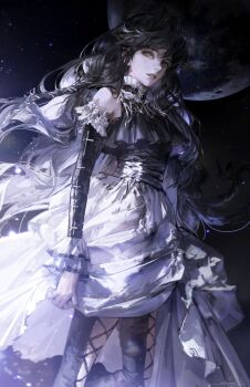 1girl black_hair expressionless from_side highres lace_trim moon nose original parted_lips realistic skirt solo tagme vlfdus_0 yellow_eyes