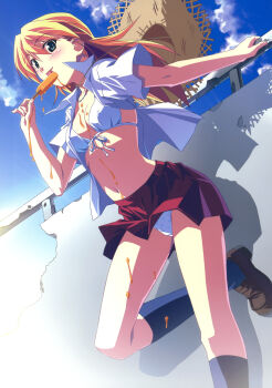 Rule 34 | 1girl, absurdres, bikini, bikini top only, blue thighhighs, blush, breasts, food, green eyes, hat, highres, holding, holding food, holding popsicle, ichinose kyou, imitation lover, izumi mahiru, medium breasts, melting popsicle, official art, open clothes, open shirt, orange hair, panties, popsicle, red skirt, scan, school uniform, skirt, smile, straw hat, swimsuit, thighhighs, third-party source, underwear, upskirt