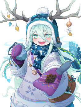1girl absurdres antlers atpoppet beanie blue_hat blue_scarf blush breasts chocolate earflap_beanie fate/grand_order fate_(series) green_eyes green_hair hat highres horns long_hair long_sleeves looking_at_viewer louhi_(fate) louhi_(second_ascension)_(fate) mittens open_mouth pouch purple_mittens scarf smile solo sweater white_sweater