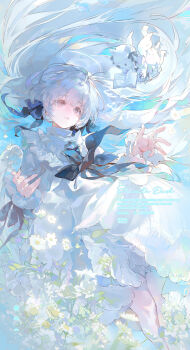 1girl absurdres book bow cat chinese_commentary dress flower hair_bow halo highres holding holding_book long_hair looking_at_another looking_down original pantyhose pengren_siya white_hair wings