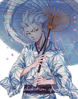1boy asa_no_ha_(pattern) bleach chinese_commentary commentary_request commission commissioner_name furrowed_brow green_eyes highres hitsugaya_toushirou holding holding_umbrella huiji_(artist2) japanese_clothes kimono looking_at_viewer male_focus oil-paper_umbrella parted_lips second-party_source short_hair solo umbrella upper_body watermark white_hair white_kimono wide_sleeves