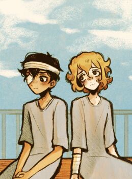 2boys alternate_eye_color antenna_hair bandaged_arm bandaged_head bandages bandaid bandaid_on_face bandaid_on_nose basil_(faraway)_(omori) basil_(hospital_gown)_(omori) basil_(omori) black_eyes black_hair blonde_hair blue_sky blush bright_pupils closed_mouth cloud cloudy_sky collarbone commentary double-parted_bangs english_commentary eyepatch hair_behind_ear hair_between_eyes highres hospital_gown looking_at_another male_focus medical_eyepatch multiple_boys omori ottie_pops outdoors railing short_sleeves sitting sky spoilers sunny_(hospital_gown)_(omori) sunny_(omori) white_pupils