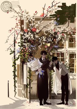 2boys arms_behind_back black_coat black_eyes black_hair black_necktie black_shirt black_vest bouquet building coat collared_shirt door flower flower_request full_body hashtag-only_commentary highres holding holding_bouquet kim_dokja lamppost leaning_forward looking_at_another male_focus multiple_boys narrowed_eyes necktie omniscient_reader&#039;s_viewpoint open_clothes open_coat outdoors painterly plant red_flower red_rose rose shirt short_hair smile standing typo_koneko vest vines white_coat white_shirt window yoo_joonghyuk