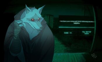 1boy animal_ears black_robe commentary death_(puss_in_boots) derivative_work english_commentary english_text furry furry_male game_screenshot grey_fur grin highres hooded_robe looking_at_viewer male_focus no_i&#039;m_not_a_human o&#039;donnis puss_in_boots:_the_last_wish red_eyes robe screenshot_redraw shrek_(series) signature smile wolf_boy wolf_ears