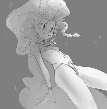 1girl ambient_light breasts ccfs female_focus floating floating_hair freckles greyscale grin highres league_of_legends leg_focus loli long_hair looking_at_viewer monochrome navel nipple_slip nipples riot_games simple_background smile solo thighs thong wavy_hair wristband zoe_(league_of_legends)