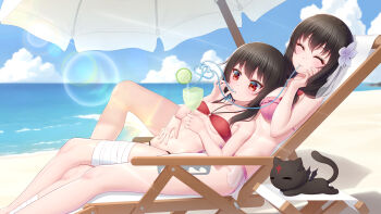 2girls anarchojs bandaged_leg bandages beach beach_chair beach_umbrella bikini blush breast_press breasts chomusuke closed_eyes crazy_straw cup day drinking drinking_glass drinking_straw flower food frilled_bikini frills fruit hair_flower hair_ornament hand_on_another&#039;s_stomach heart_straw highres holding holding_cup horizon kono_subarashii_sekai_ni_shukufuku_wo! large_breasts lens_flare lime_(fruit) lying lying_on_person medium_hair megumin multiple_girls navel o-ring o-ring_bikini ocean on_back outdoors pink_bikini red_bikini red_eyes sand shared_drink shared_straw sky small_breasts swimsuit thighs tropical_drink umbrella yunyun_(konosuba) yuri