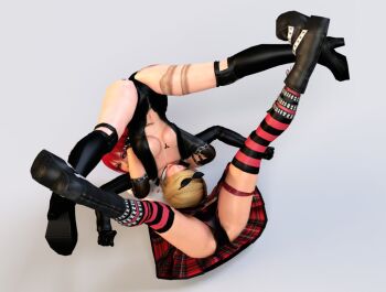 2girls 3d blonde_hair boots breasts candy_cane_(rumble_roses) glasses gradient_background holding_legs humiliation leotard miniskirt multiple_girls panties red_hair rowdy_reiko rumble_roses rumble_roses_xx short_hair simple_background skirt spread_legs striped_legwear submission submission_hold sunglasses tattoo twintails underwear upside-down upskirt wrestling