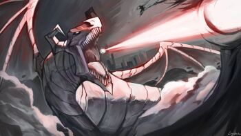 1boy above_clouds animal animal_focus black_sclera cliff cloud colored_sclera dragon full_body highres logicsterrr magic open_mouth oversized_animal shadow_slave sharp_teeth size_difference skyline smoke sunny_(shadow_slave) teeth white_eyes