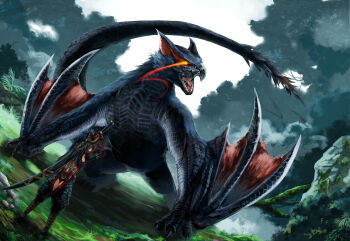 Rule 34 | 1girl, black fur, claws, dragon, dutch angle, gloves, grass, highres, jungle, looking back, monster, monster hunter (character), monster hunter (series), nargacuga, nargacuga (armor), nature, orange eyes, otaku (artist), outdoors, plant, red eyes, rock, scales, sharp teeth, signature, size difference, sleeveless, spiked tail, standing, sword, tail, teeth, tree, weapon, weapon on back, winged arms, wings, wyvern