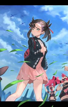 1boy 2girls asymmetrical_bangs backpack bag black_choker black_hair black_jacket blue_sky cheering choker closed_mouth cloud day dress facepaint grass green_eyes hair_ribbon hand_up highres holding holding_megaphone jacket letterboxed marnie_(pokemon) megaphone midriff moco_(moco_28) mohawk multiple_girls nintendo outdoors pink_dress pokemon pokemon_swsh red_ribbon ribbon sky team_yell_grunt undercut