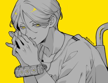 030ravie 1boy bound bound_wrists closed_mouth commentary_request greyscale_with_colored_background hair_between_eyes hands_up jewelry lock looking_at_viewer male_focus meguriya_ayumu necklace own_hands_together padlock shirt short_hair simple_background smile solo toshi_densetsu_kaitai_center upper_body yellow_background yellow_eyes