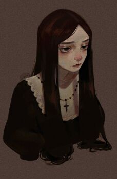 1girl artist_self-insert bags_under_eyes black_dress brown_background brown_eyes brown_hair closed_mouth cross cross_necklace dress highres jewelry lace lace_collar lace_trim long_hair necklace original puffy_sleeves simple_background solo theytookorange upper_body
