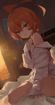 1girl ahoge bed bedroom between_legs blue_archive blush bottomless braid camisole embarrassed hair_between_eyes hair_over_shoulder hand_between_legs huge_ahoge indoors lizard_m00 mole mole_under_eye neru_(blue_archive) orange_hair oversized_clothes oversized_shirt red_eyes shirt short_hair side_braid sitting solo wariza white_camisole white_shirt