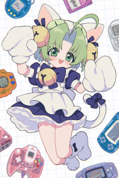 Rule 34 | 1girl, ahoge, animal hat, anocco, apron, back bow, bell, blue bow, blue bowtie, blue dress, blue ribbon, bow, bowtie, cat girl, cat hat, cat tail, commentary request, controller, dejiko, di gi charat, digimon (virtual pet), dreamcast controller, dress, footwear bow, full body, game boy, game controller, green eyes, green hair, grid background, hair bell, hair ornament, hair ribbon, handheld game console, hat, highres, huge ahoge, jingle bell, looking at viewer, medium hair, mittens, neck bell, open mouth, parted bangs, paw shoes, puffy short sleeves, puffy sleeves, ribbon, shoes, short sleeves, sleeve cuffs, smile, solo, tail, tail bow, tail ornament, tamagotchi (virtual pet), virtual pet (toy), white apron, white background, white bow, white hat, white mittens, white shoes