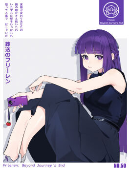 Rule 34 | 1girl, absurdres, alternate costume, bare shoulders, belt, blunt bangs, breasts, cellphone, cellphone charm, charm (object), chinese commentary, closed mouth, commentary request, cover, dress, english text, fern (sousou no frieren), highres, holding, holding phone, long hair, looking at viewer, mixed-language text, phone, purple eyes, purple hair, purple nails, sitting, sleeveless, sleeveless dress, smartphone, solo, sousou no frieren, xiangcha shisui
