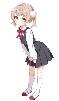Rule 34 | 1girl, belt, bent over, black dress, blush, bow, bowtie, dot nose, dress, expressionless, foulo paints, full body, green eyes, hair ornament, highres, indie virtual youtuber, legs, long sleeves, looking at viewer, medium hair, pinafore dress, pleated skirt, pom pom (clothes), pom pom hair ornament, red bow, red bowtie, shigure ui (vtuber), shigure ui (young) (vtuber), shirt, shoes, sidelocks, skirt, sleeveless, sleeveless dress, socks, solo, standing, twintails, uwabaki, virtual youtuber, white background, white shirt, white socks, wing collar