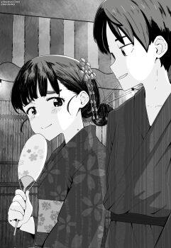 1boy 1girl basori_tiara black_hair blush commentary english_commentary floral_print floral_print_kimono hair_bun hand_fan highres holding japanese_clothes kimono make_heroine_ga_oo_sugiru! mole mole_on_neck monochrome nukumizu_kazuhiko obi obsidian_chest paper_fan print_kimono sash summer_festival yukata