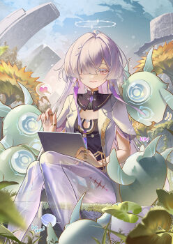 1girl absurdres breasts chigusa7h closed_mouth commentary dress earrings english_text fingernails hair_ornament hair_over_one_eye halo highres holding holding_tablet_pc jacket jewelry knees_together_feet_apart looking_at_viewer mornye_(wuthering_waves) outdoors purple_dress red_eyes see-through_body sitting small_breasts smile solo tablet_pc tacet_mark_(wuthering_waves) triangle_earrings white_jacket wuthering_waves