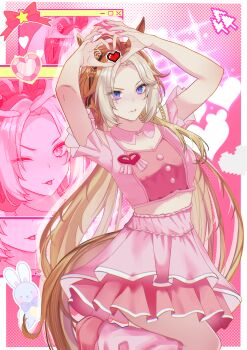 1girl ;p absurdres ahoge animal_ears arms_up breasts brown_hair brown_tail cleavage commentary_request crop_top cursor four-finger_heart_hands heart heart_hands higeji_(higeji404) highres horse_ears horse_girl horse_tail layered_skirt looking_at_viewer loose_socks medium_breasts meni_shuki_rush-sshu! midriff official_alternate_costume one_eye_closed orfevre_(umamusume) pink_shirt pink_shoes pink_skirt pink_socks pixelated purple_eyes shirt shoes skirt socks stuffed_animal stuffed_rabbit stuffed_toy tail tongue tongue_out umamusume white_hair window_(computing)