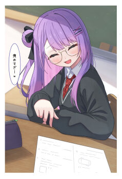 1girl absurdres anku black-framed_eyewear black_ribbon black_sweater border chalkboard classroom closed_eyes collared_shirt colored_inner_hair commentary_request desk dutch_angle facing_viewer glasses gradient_hair hair_bun hair_ornament hair_ribbon hairclip highres hololive long_hair long_sleeves multicolored_hair necktie one_side_up open_mouth paper parallel_hairclips pencil_case pink_hair plaid_clothes plaid_necktie pointing purple_hair red_necktie ribbon school_desk school_uniform semi-rimless_eyewear shirt single_side_bun smile solo sweater tokoyami_towa under-rim_eyewear upper_body virtual_youtuber white_border white_shirt x_hair_ornament
