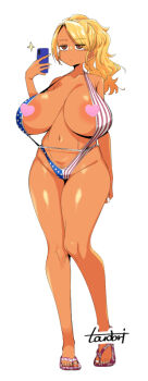 1girl alternate_breast_size_(larger) american_flag american_flag_bikini american_flag_print areola_slip artist_name bikini blonde_hair breasts censored curvy dark-skinned_female dark_skin female_focus flag_print flag_print_bikini food_court_de_mata_ashita full_body heart heart_censor holding holding_phone huge_breasts long_hair nail_polish navel phone print_bikini sandals signature solo standing strap_gap swimsuit tan thick_thighs thighs toenail_polish toenails toudori white_nails wide_hips yamamoto_(food_court)