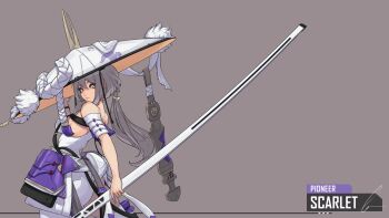 1girl arm_up armor blade breasts character_name clothing_cutout from_side goddess_of_victory:_nikke grey_background grey_hair hat highres holding holding_unworn_clothes holding_unworn_hat holding_weapon japanese_armor jingasa jnxc large_hat leotard long_hair looking_at_viewer medium_breasts nose scarlet_(nikke) sheath sheathed shoulder_armor sode solo sword unworn_hat unworn_headwear weapon white_leotard yellow_eyes