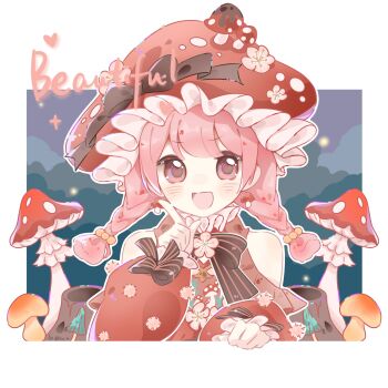 1girl absurdres bare_shoulders beads black_bow black_bowtie blunt_bangs blunt_ends border bow bowtie braid brooch brown_eyes cherry_blossoms chinese_commentary clothing_cutout commentary_request day dot_nose dress english_text finger_to_cheek floral_print flower flower_brooch food_print forest frilled_bow frilled_dress frilled_headwear frills glimmering_forest_(infinity_nikki) hair_beads hair_ornament happy hat hat_bow hat_flower hat_ornament heart highres infinity_nikki jewelry light_blush long_sleeves looking_at_viewer low_twin_braids medium_hair miaoxin mushroom mushroom_earrings mushroom_hat mushroom_hat_ornament mushroom_print nature neck_ruff nikki_(nikki) nikki_(series) open_mouth outdoors outline outside_border pink_hair print_dress puffy_long_sleeves puffy_sleeves red_dress red_hat shoulder_cutout sleeve_bow smile solo striped_bow striped_bowtie striped_clothes tareme twin_braids upper_body white_border white_flower white_outline