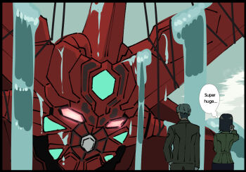 1boy 1girl armor back black_hair butter-t challia_bull cloud commentary comoli_harcourt crossover english_commentary english_text getter_emperor getter_rays getter_robo getter_robo_arc gloves glowing glowing_eyes green_hair green_light gundam gundam_gquuuuuux hanging jacket long_sleeves mecha military_jacket military_uniform outdoors red_armor robot scene_reference science_fiction shirt short_hair skirt sky speech_bubble super_robot thought_bubble water yellow_eyes