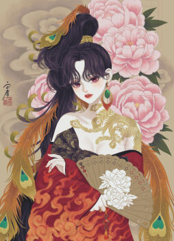 1girl absurdres bare_shoulders bird_tattoo brown_hair earrings feather_hair flame_print flower folding_fan half_updo hand_fan highres holding holding_fan japanese_clothes jewelry kimono lips long_hair long_sleeves looking_at_viewer nail_polish off_shoulder original parted_bangs personification pink_flower red_eyes red_kimono red_nails seal_impression shoulder_tattoo signature solo suzaku tattoo upper_body ushiyama_ame very_long_hair wide_sleeves