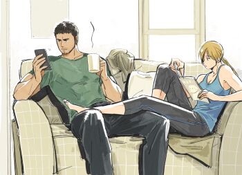 Rule 34 | 1boy, 1girl, beard stubble, black hair, blonde hair, blue shirt, cellphone, chris redfield, coffee mug, commentary request, couch, cup, facial hair, green shirt, highres, jill valentine, long hair, mug, on couch, phone, ponytail, reading, resident evil, resident evil 5, shirt, sitting, smartphone, stubble, t (t345678912)