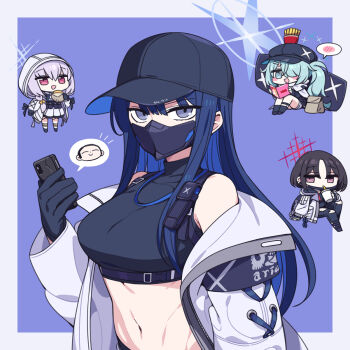 1boy 4girls arius_squad_(blue_archive) atsuko_(blue_archive) baseball_cap black_hair black_headwear blue_archive blue_eyes blue_hair blue_halo breasts cellphone chan_co closed_mouth crop_top cup doodle_sensei_(blue_archive) drinking drinking_straw food french_fries hair_over_one_eye halo hat highres hiyori_(blue_archive) holding holding_cup holding_phone jacket long_hair long_sleeves looking_at_viewer mask medium_breasts misaki_(blue_archive) mouth_mask multiple_girls navel open_mouth phone pink_halo purple_eyes purple_hair reading saori_(blue_archive) sensei_(blue_archive) sitting smartphone smile spoken_blush star_(symbol) upper_body white_jacket
