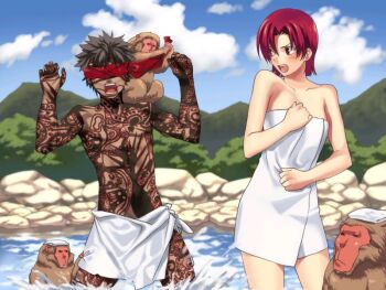 1boy 1girl angra_mainyu_(fate) bazett_fraga_mcremitz black_hair blindfold blush fate/hollow_ataraxia fate/stay_night fate_(series) game_cg ginka_sima headband mixed-sex_bathing monkey onsen purple_eyes purple_hair red_eyes red_hair shared_bathing short_hair surprised tattoo towel wet
