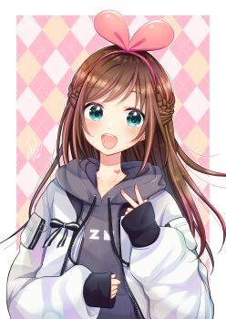 absurdres akowazaki brown_hair checkered_background green_eyes heart heart_print highres hood hoodie kizuna_ai kizuna_ai_inc. open_clothes oversized_clothes ribbon