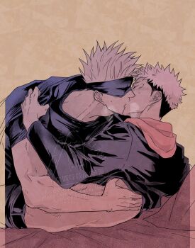 2boys belt blindfold blush closed_eyes commentary_request french_kiss gojou_satoru highres hood hooded_jacket jacket jujutsu_kaisen kawuso_gy kiss male_focus multiple_boys pants pulling_another's_clothes short_hair teacher_and_student undercut watermark yaoi