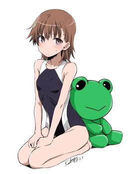 Rule 34 | 1girl, asymmetrical bangs, bare shoulders, black one-piece swimsuit, blush, breasts, brown eyes, brown hair, commentary request, competition school swimsuit, frown, full body, gekota, hair ornament, hairpin, hands on own thighs, highres, looking at viewer, medium hair, misaka mikoto, okara, one-piece swimsuit, school swimsuit, seiza, sitting, small breasts, solo, stuffed animal, stuffed frog, stuffed toy, swimsuit, toaru kagaku no railgun, toaru majutsu no index, tokiwadai school swimsuit, two-tone one-piece swimsuit, two-tone swimsuit, white background, white one-piece swimsuit