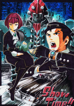 1boy 1girl ascot belt big_o_(mecha) black_belt black_border black_dress black_footwear black_gloves black_hair black_hairband black_pantyhose border brooch car cat dress driving english_text facial_hair glint gloves hairband headlight_beam highres jewelry long_sleeves mecha motor_vehicle multiple_views open_mouth pantyhose r_dorothy_wayneright red_hair robot roger_smith sagatsune short_hair sideburns sideburns_stubble sitting stubble teeth the_big_o traditional_media white_ascot