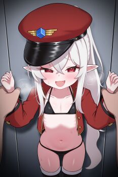 1girl absurdres bikini black_bikini black_thighhighs blush commentary commission crossed_bangs english_commentary fang flat_chest from_side gradient_background grey_hair hands_up hat heart highres holding_another's_wrist jacket leaning_forward loli long_hair long_sleeves looking_at_viewer mesugaki navel notice_lines open_clothes open_jacket open_mouth original peaked_cap pink_background pointy_ears ponytail pov red_eyes red_hat red_jacket smile solo_focus swimsuit thighhighs white_hair zing_(z_z_zing)