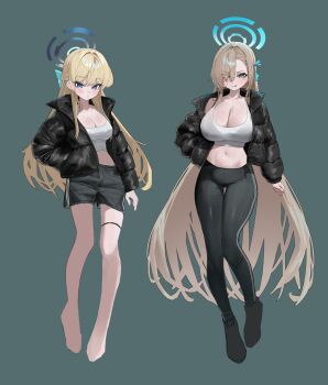 2girls 570_ml :q alternate_costume arm_at_side asuna_(blue_archive) asymmetrical_bangs black_coat black_leggings black_shoes black_shorts blonde_hair blue_archive blue_eyes blue_halo blue_ribbon bra_visible_through_clothes braid breasts cleavage closed_mouth coat crop_top expressionless eyes_visible_through_hair grey_background hair_intakes hair_over_one_eye hair_ribbon half_up_braid halo highres huge_breasts large_breasts leggings long_bangs long_hair looking_at_viewer midriff mole mole_on_breast multiple_girls navel no_shoes open_clothes open_coat ribbon shirt shoes short_shorts shorts simple_background sleeveless sleeveless_shirt standing toki_(blue_archive) tongue tongue_out very_long_hair white_shirt