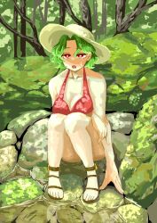 Rule 34 | 1girl, akachan0219, alternate costume, breasts, cleavage, commentary request, full body, green hair, highres, kazami yuuka, outdoors, red eyes, sandals, short hair, sitting, solo, touhou, tree