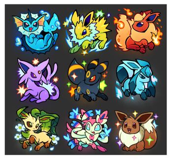 absurdres animal_focus animal_hands black_fur blue_eyes blue_fur border bow brown_eyes brown_fur bug butterfly eelgobbler eevee espeon facial_mark fins fire fish_tail flareon flower forehead_jewel forehead_mark full_body gen_1_pokemon gen_2_pokemon gen_4_pokemon gen_6_pokemon glaceon green_fur grey_background head_fins highres insect jolteon leaf leafeon looking_at_another looking_at_viewer neck_fur nintendo no_humans orange_fur pink_fur pokemon pokemon_(creature) purple_fur red_eyes ribbon sidelocks simple_background sparkle spiked_tail standing sylveon tail umbreon vaporeon water_drop white_border white_flower white_fur yellow_fur