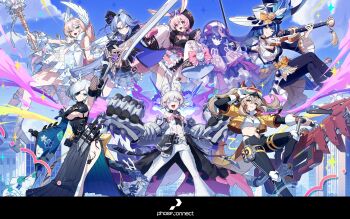 6+girls absurdres alternate_costume animal_ears antlers bare_shoulders black_boots black_dress black_pants black_shirt black_sleeves blonde_hair blue_hair blue_skirt blue_sky blue_sleeves boots breasts brown_hair cleavage commentary_request commission crop_top cropped_jacket dagger deer_antlers deer_ears dress eyepatch feathered_wings fox_ears fujikura_uruka gauntlets ghost giant_gauntlets gloves goggles goggles_on_head grey_hair gun hakushika_iori hat head_wings highres holding holding_dagger holding_instrument holding_knife holding_staff holding_sword holding_violin holding_weapon horns huge_weapon instrument jacket jiangshi juliet_sleeves knife kuikui large_breasts long_hair long_sleeves medium_breasts multicolored_dress multiple_girls navel official_art open_clothes open_jacket open_mouth pants phase_connect phase_origins pink_eyes pink_hair pipkin_pippa plaid_clothes plaid_skirt puffy_sleeves purple_eyes purple_hair rabbit_ears rinkou_ashelia sarong shirt shisui_michiru shoes short_hair single_sleeve skirt sky sleeveless sleeveless_shirt small_breasts staff sword tail tenma_maemi thigh_boots twintails underboob utatane_nasa violin virtual_youtuber weapon white_boots white_dress white_gloves white_hair white_hat white_pants white_shirt white_shoes white_sleeves white_wings wide_brim wide_sleeves wings yellow_eyes yellow_jacket yellow_shoes