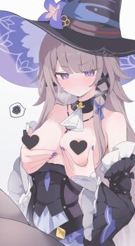 1girl alternate_breast_size_(larger) areola_slip armpit_crease ascot bare_shoulders black_collar black_corset black_dress black_hat black_pantyhose black_sleeves blush breast_focus breasts breasts_out brown_hair buttons censored closed_mouth collar commentary_request corset detached_collar detached_sleeves dress embarrassed fingernails flaired_sleeves flower frilled_sleeves frills grabbing_own_breast hair_ornament hair_over_shoulder hair_ribbon hands_up hat hat_flower hat_ribbon heart heart_censor herta_(honkai:_star_rail) highres hone_kawa honkai:_star_rail honkai_(series) jewelry key key_necklace long_hair medium_breasts nail_polish necklace nervous no_nose pantyhose partial_commentary puffy_sleeves purple_eyes purple_hat purple_nails purple_ribbon red_ribbon revision ribbon simple_background solo spoken_squiggle squiggle steam steaming_body sweat sweatdrop the_herta_(honkai:_star_rail) variant_set white_ascot white_background white_sleeves wide_brim witch_hat x_hair_ornament