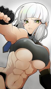 1girl abs armor bare_shoulders black_gloves black_panties blue_ribbon blunt_bangs breastplate breasts elbow_gloves fate/grand_order fate_(series) fingerless_gloves gloves hair_ribbon highres large_breasts long_hair looking_at_viewer muscular muscular_female navel panties penthesilea_(fate) ribbon sidelocks solo underboob underwear wagu_neru white_hair yellow_eyes