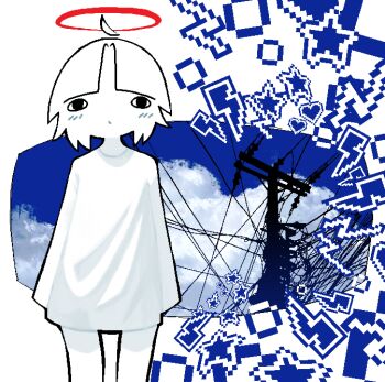 1girl absurdres ahoge angel black_eyes chewchewer closed_mouth cloud cloudy_sky colored_skin commentary detached_ahoge english_commentary halo heart highres lightning_bolt_symbol long_shirt looking_at_viewer microsoft_paint_(software) nyan_(chewchewer) original power_lines red_halo shirt short_hair sky sleeves_past_fingers sleeves_past_wrists solo star_(symbol) straight-on utility_pole white_hair white_shirt white_skin